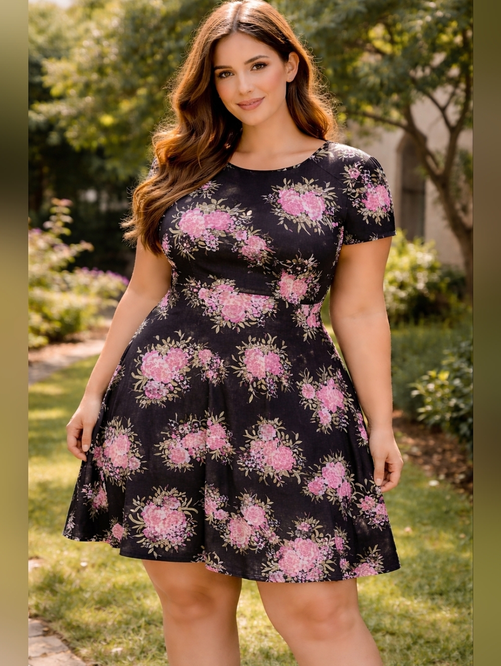 No Boundaries Black Mini Dress with Pink Floral Print